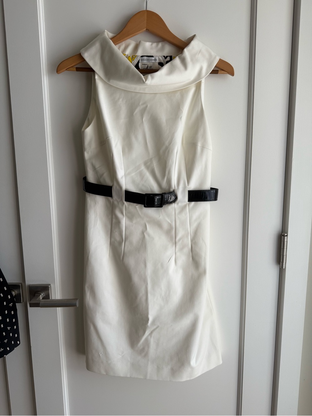 Milly of New York White Sleeveless Sheath Dress with Black Belt